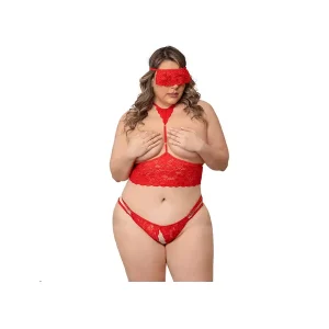 Conjunto Curvy en encaje con antifaz y apertura en entrepierna