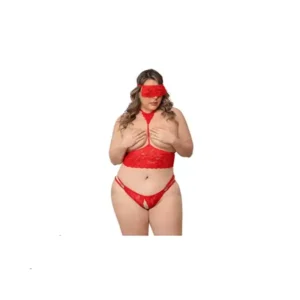 Conjunto Curvy en encaje con antifaz y apertura en entrepierna
